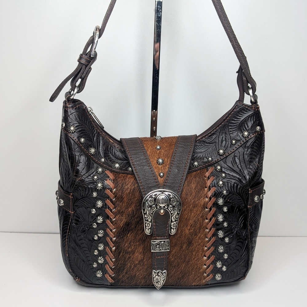 American West brown leather shoulder bag pony hair tooled leather